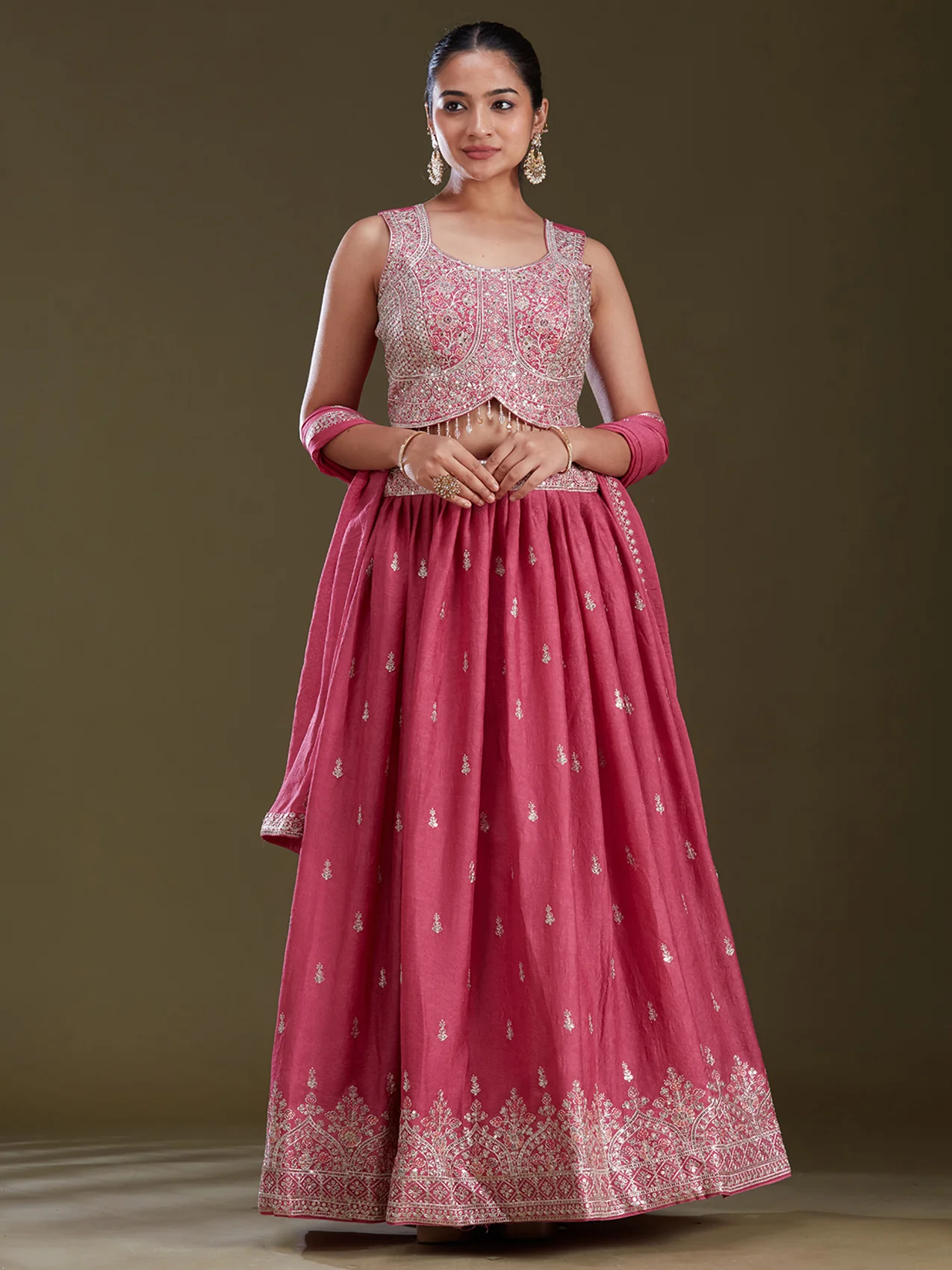 Pink Zariwork (Silver) Soft Raw Silk Readymade Lehenga - Image 3