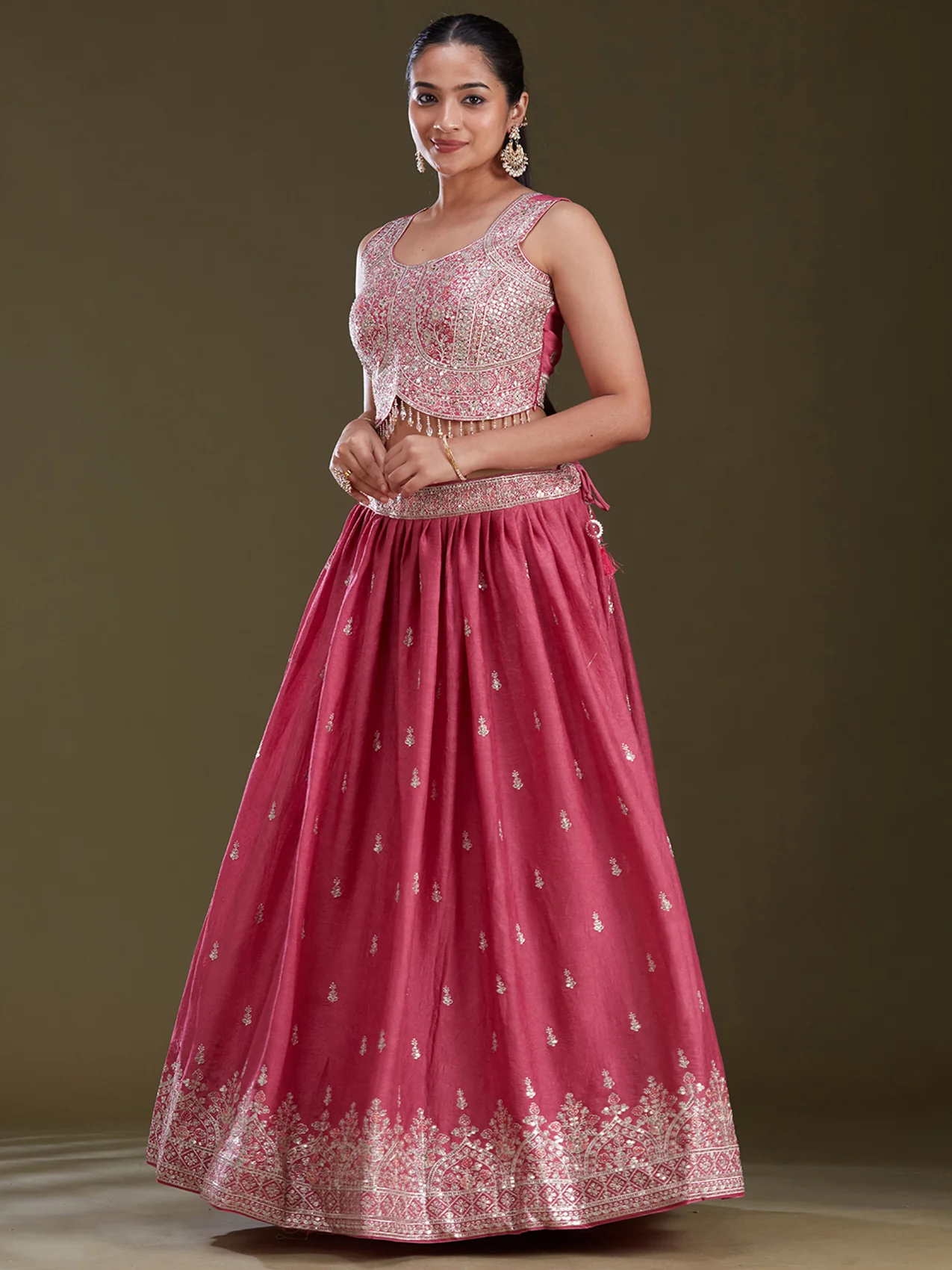 Pink Zariwork (Silver) Soft Raw Silk Readymade Lehenga - Image 6