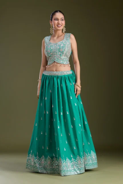Sea Green Zariwork (Silver) Soft Raw Silk Readymade Lehenga