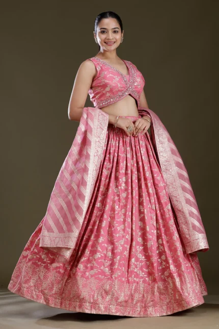 Onion Pink Sequins Soft Raw Silk Readymade Lehenga