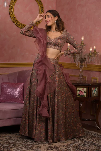 Lavender Printed Semi Crepe Readymade Lehenga