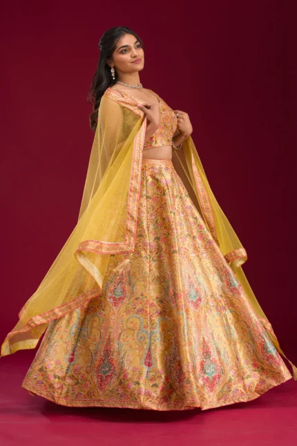 Mustard Silver Zariwork Banarasi Readymade Lehenga