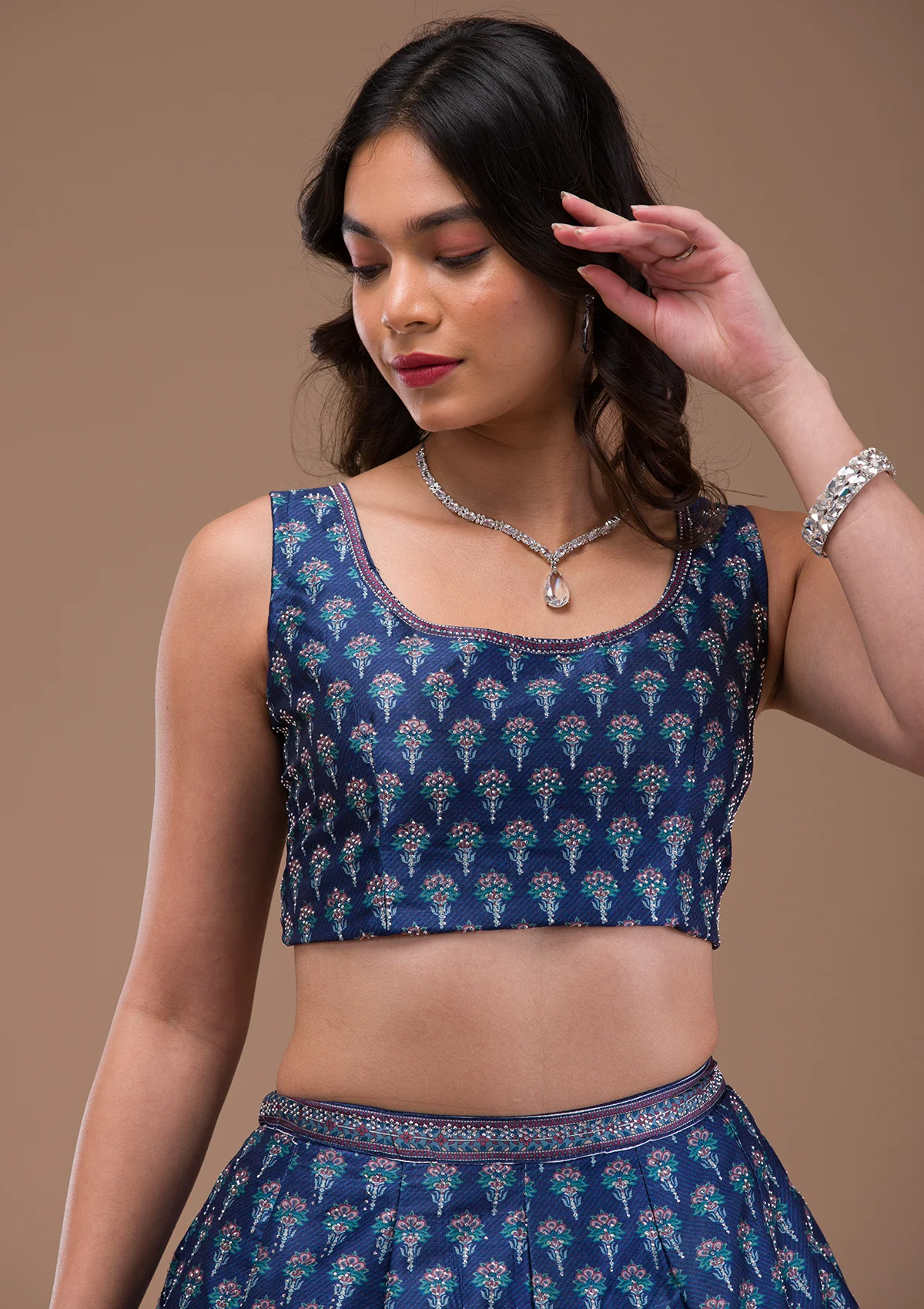 Navy Blue Swaroski Banarasi Readymade Lehenga Set - Image 3