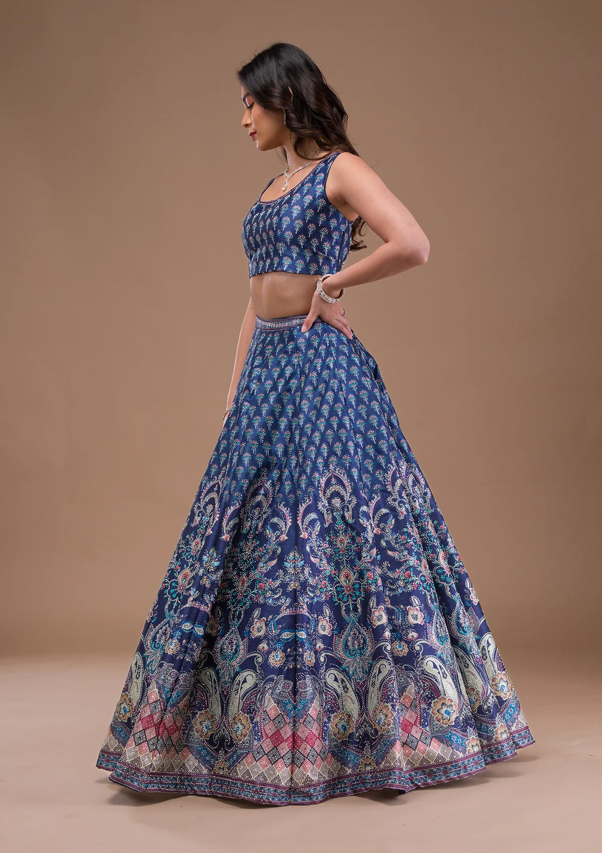 Navy Blue Swaroski Banarasi Readymade Lehenga Set - Image 4