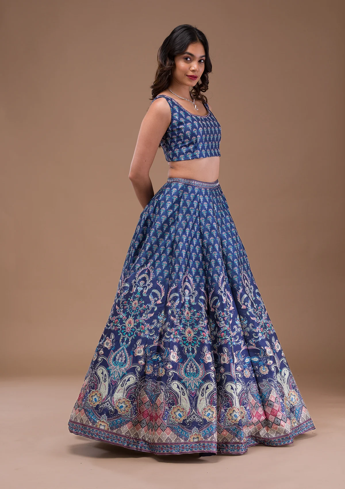Navy Blue Swaroski Banarasi Readymade Lehenga Set - Image 5