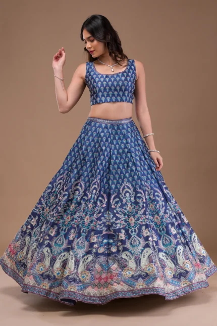 Navy Blue Swaroski Banarasi Readymade Lehenga Set