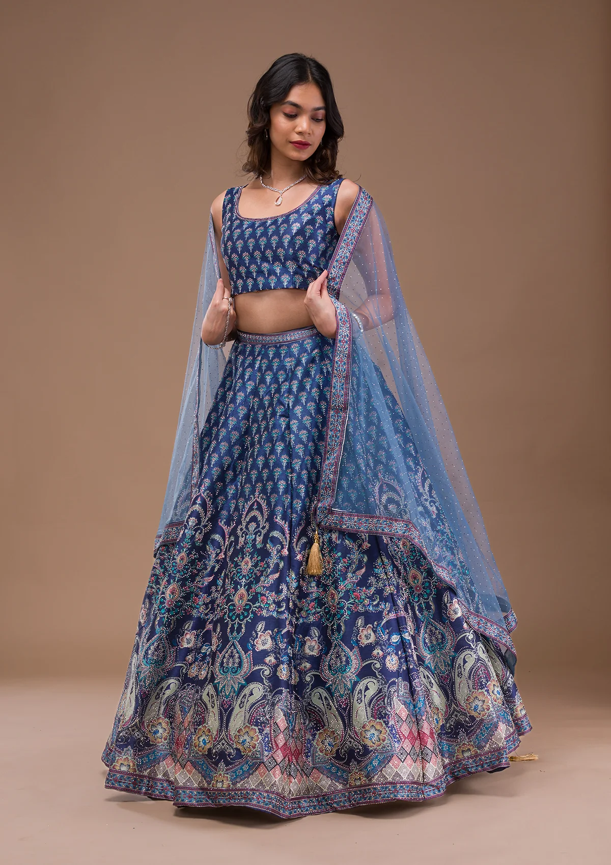 Navy Blue Swaroski Banarasi Readymade Lehenga Set - Image 7