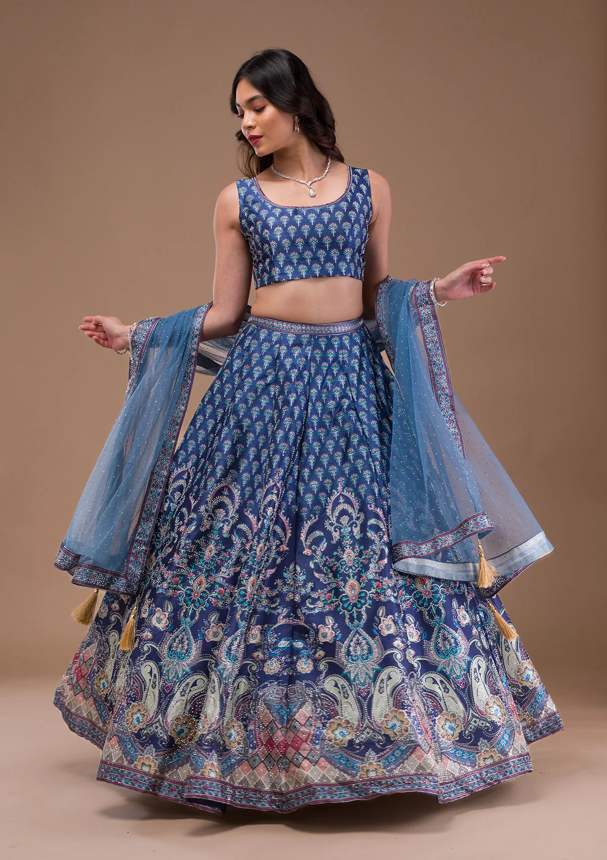 Navy Blue Swaroski Banarasi Readymade Lehenga Set - Image 8