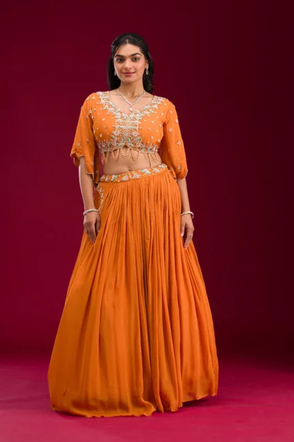 Orange Cutdana Georgette Readymade Lehenga