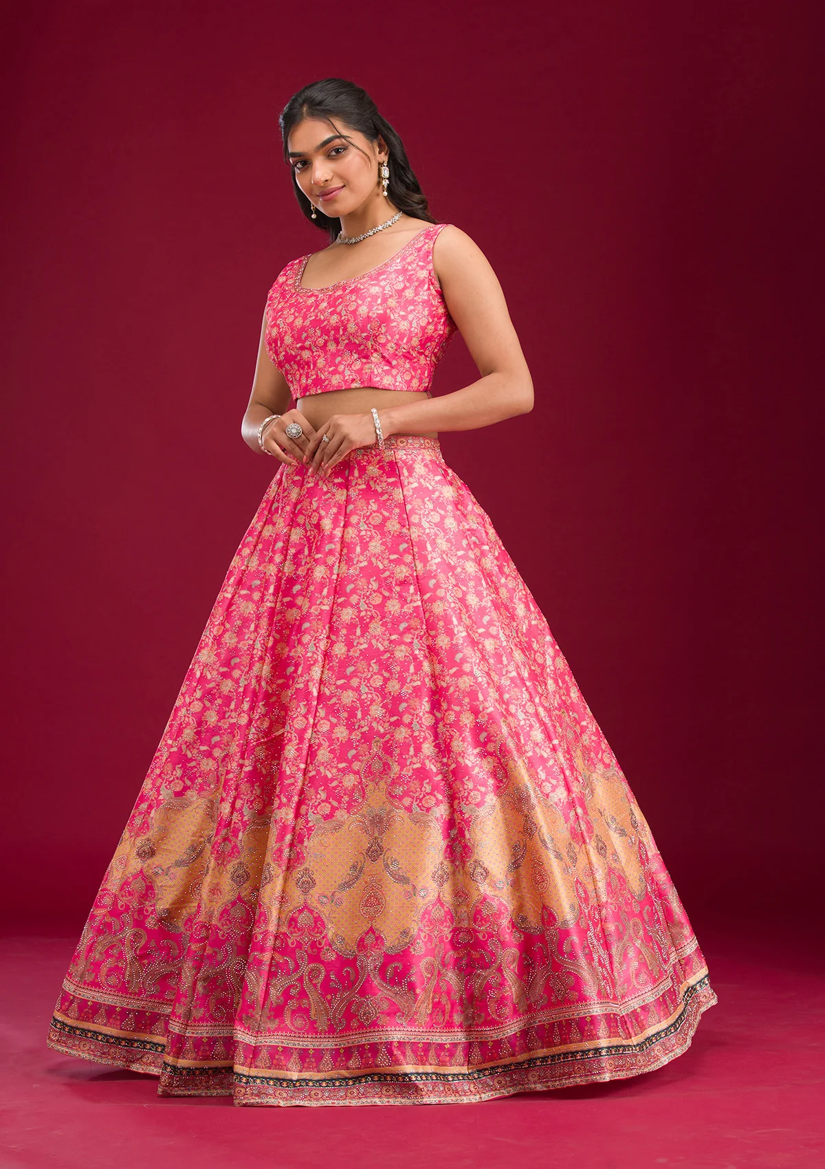 Rani Pink Swarovski Raw Silk Readymade Lehenga - Image 7