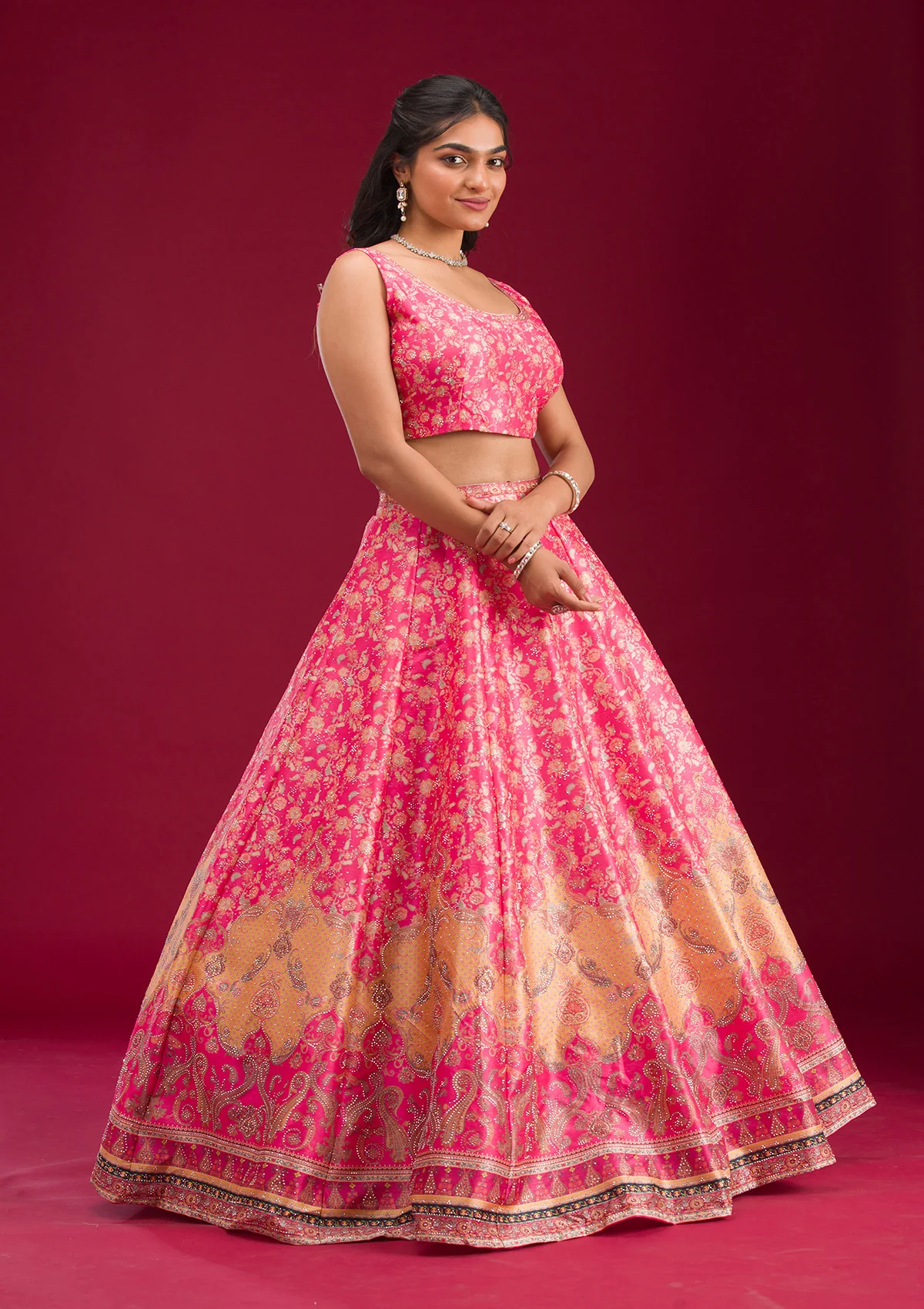 Rani Pink Swarovski Raw Silk Readymade Lehenga - Image 6