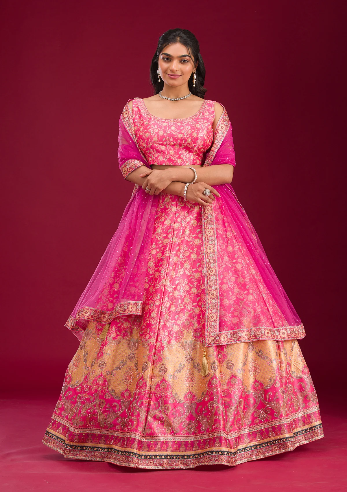 Rani Pink Swarovski Raw Silk Readymade Lehenga - Image 4