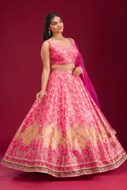 Rani Pink Swarovski Raw Silk Readymade Lehenga