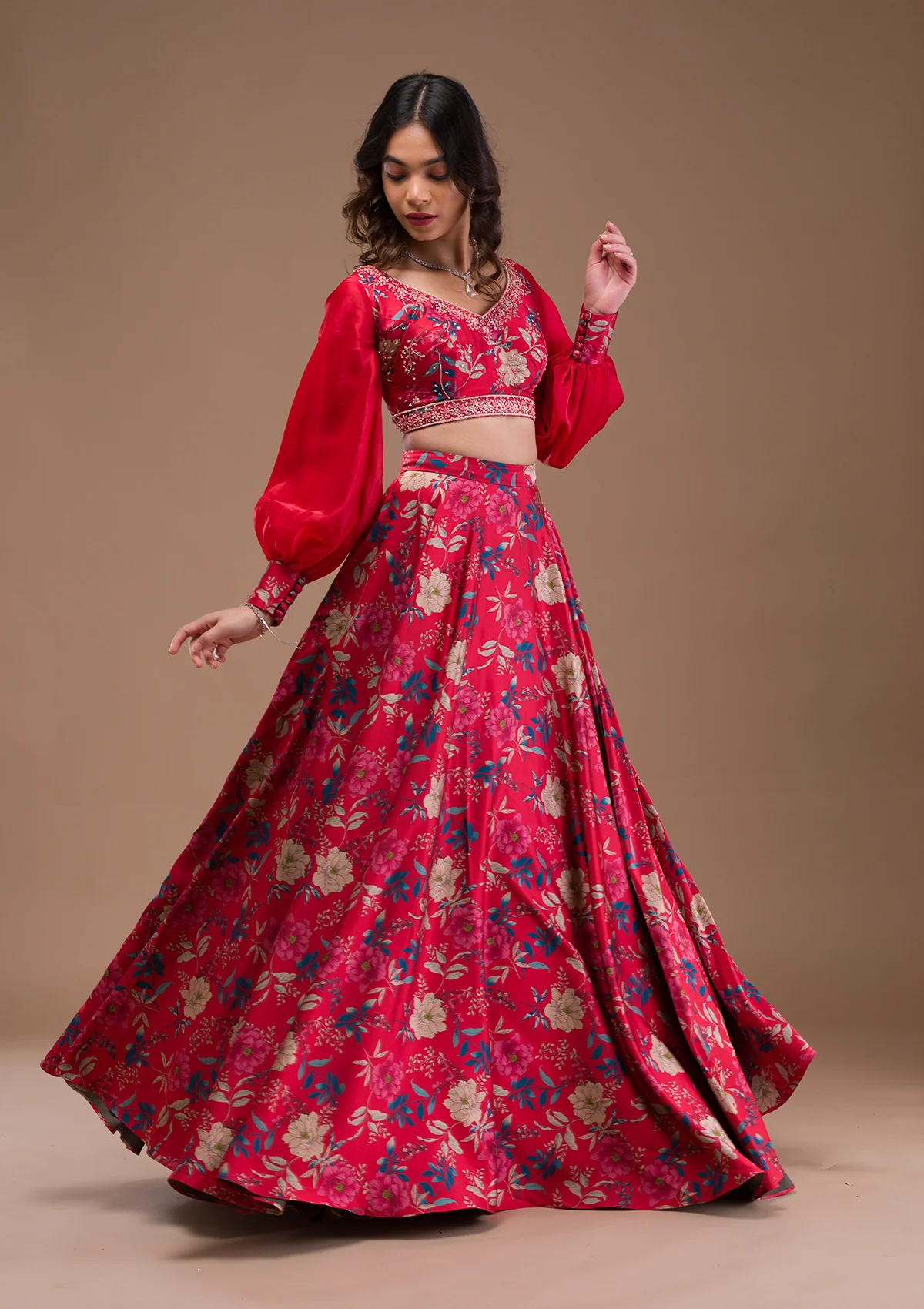 Red Print Satin Readymade Lehenga - Image 3