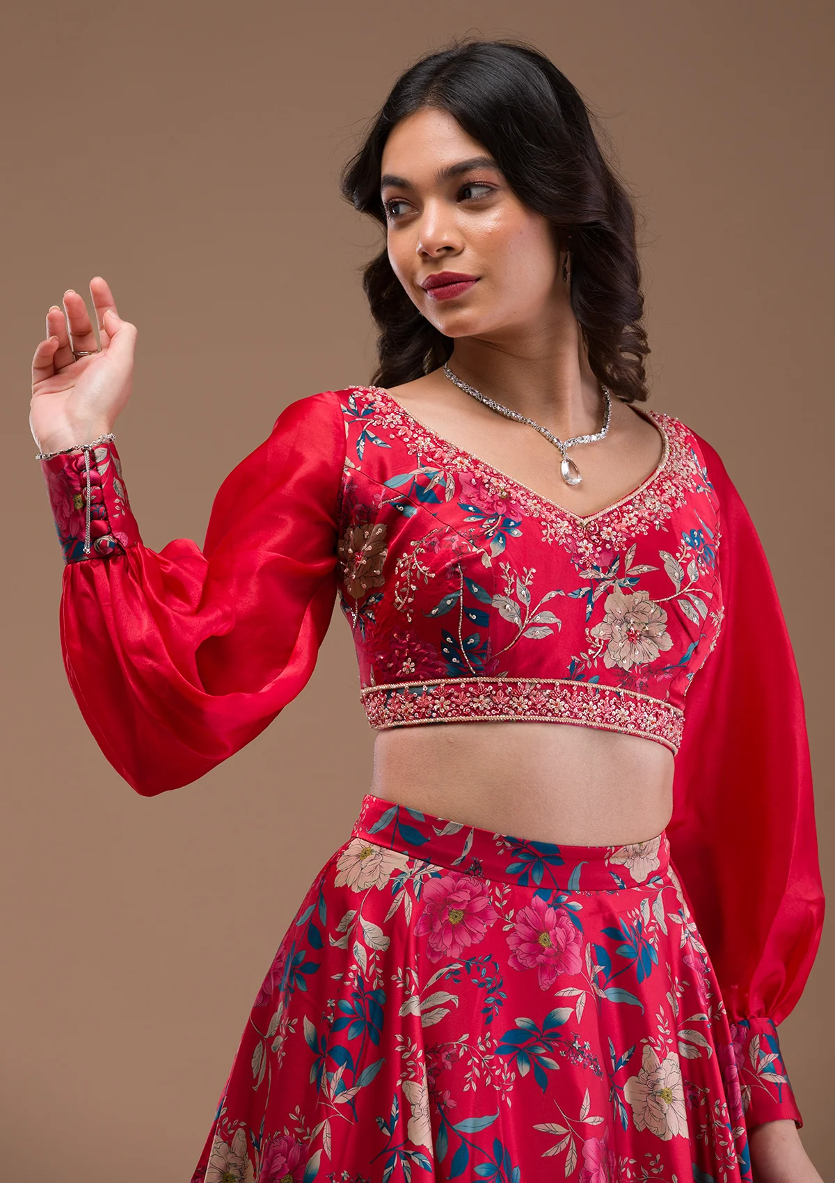 Red Print Satin Readymade Lehenga - Image 4