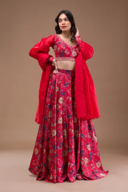 Red Print Satin Readymade Lehenga