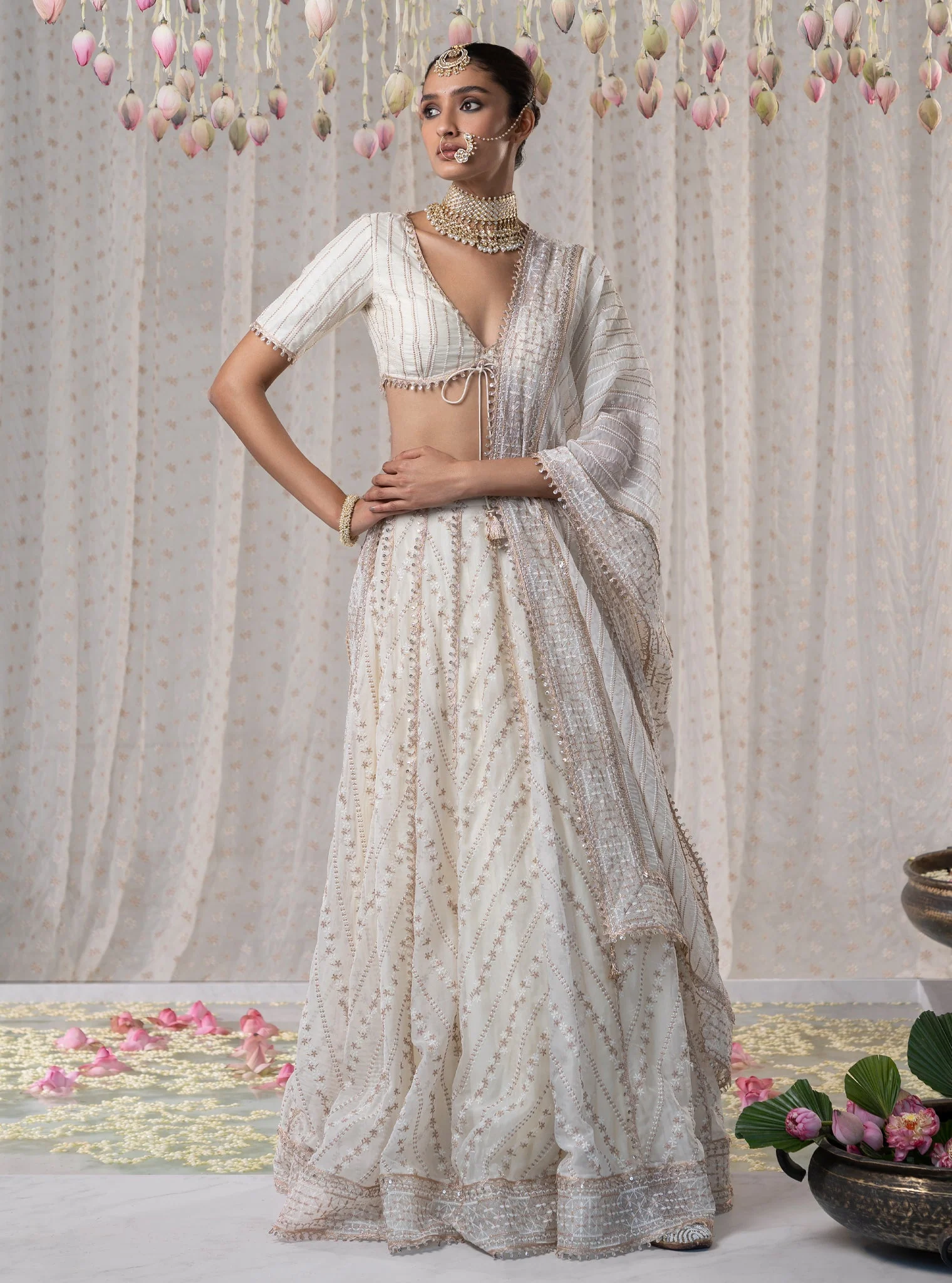 Gulmohar Organza Off White Lehenga